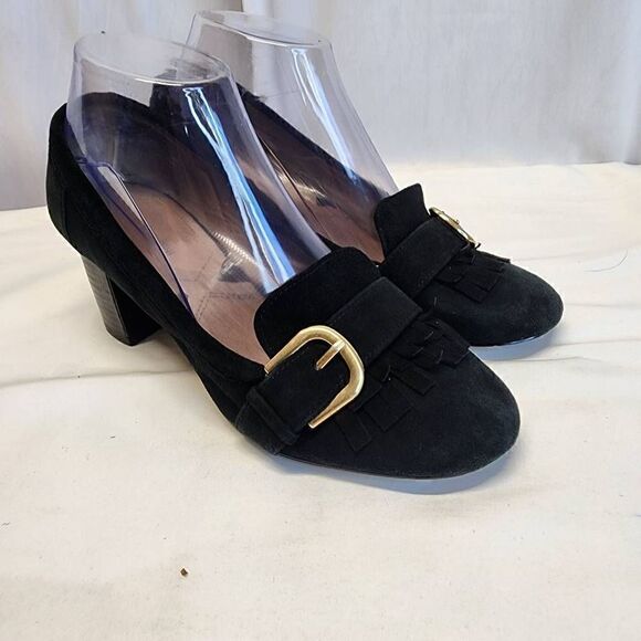 Adrienne Vittadini Black Suede Ginty Pumps Size 7.5 Block Heel Loafer Buckle - Picture 2 of 11